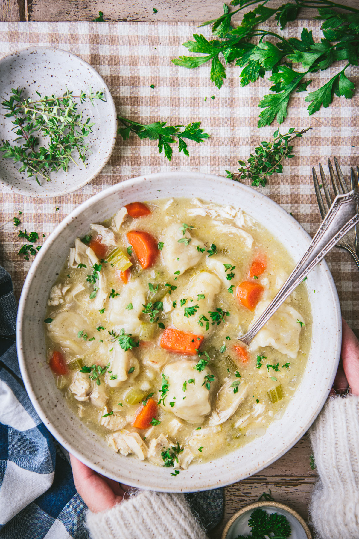 An overhead shot of a bowl of chicken and dumplings, and a woman's hands wrapped around the bowl. The bowl is filled with fluffy dumplings, carrots, celery, and shredded chicken in a creamy broth.