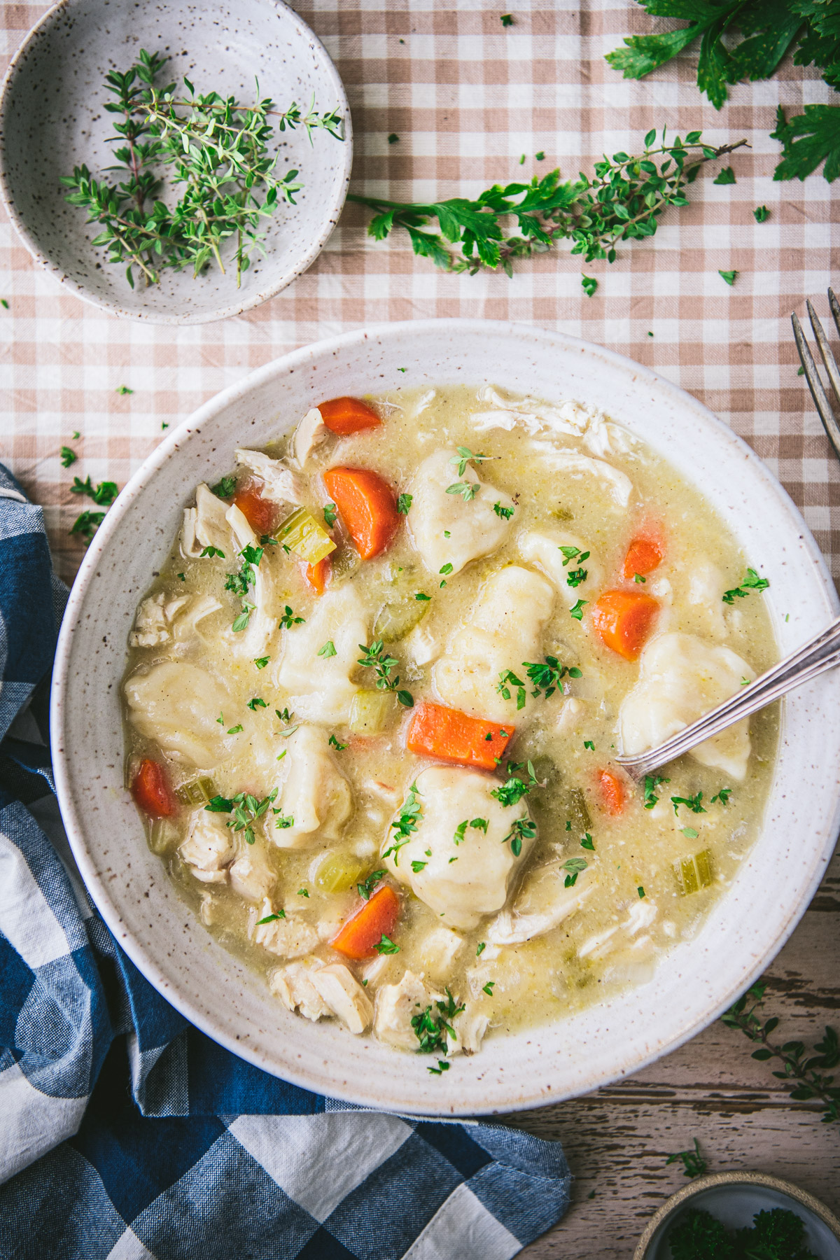 An overhead image of a hearty bowl of chicken and dumplings, served on a tablescape with fresh herbs scattered around.