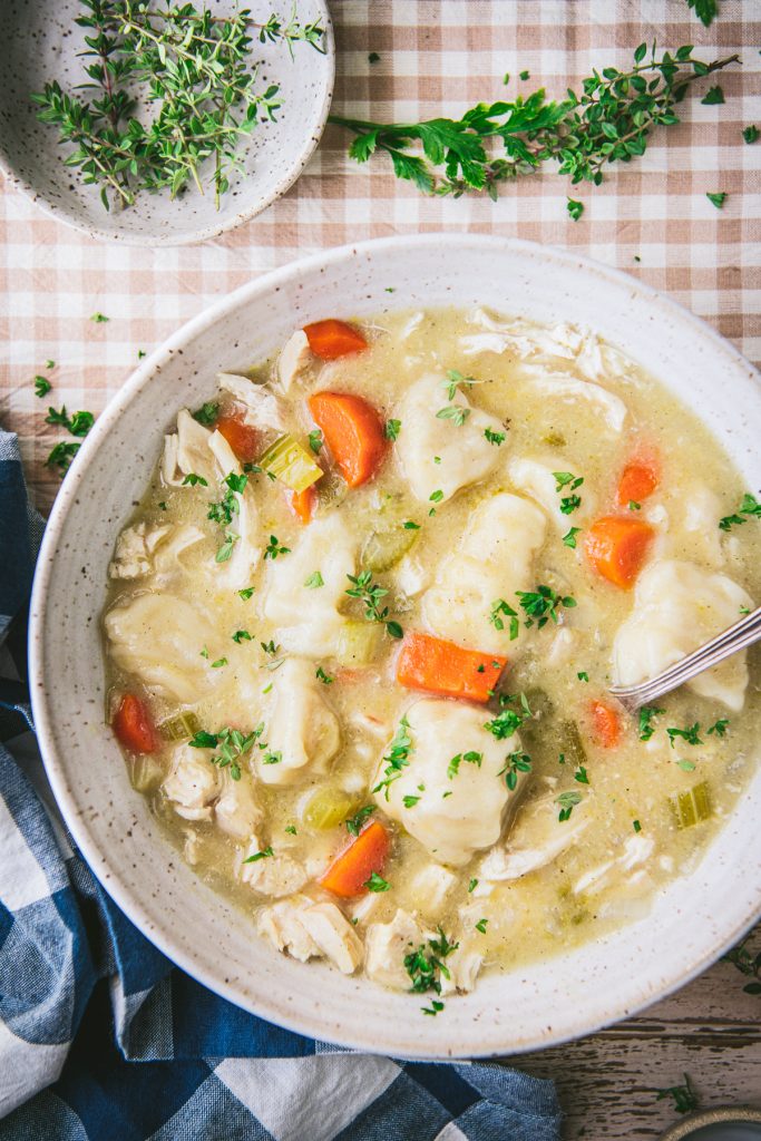 Close overhead image of a bowl of slow cooker chicken and dumplings