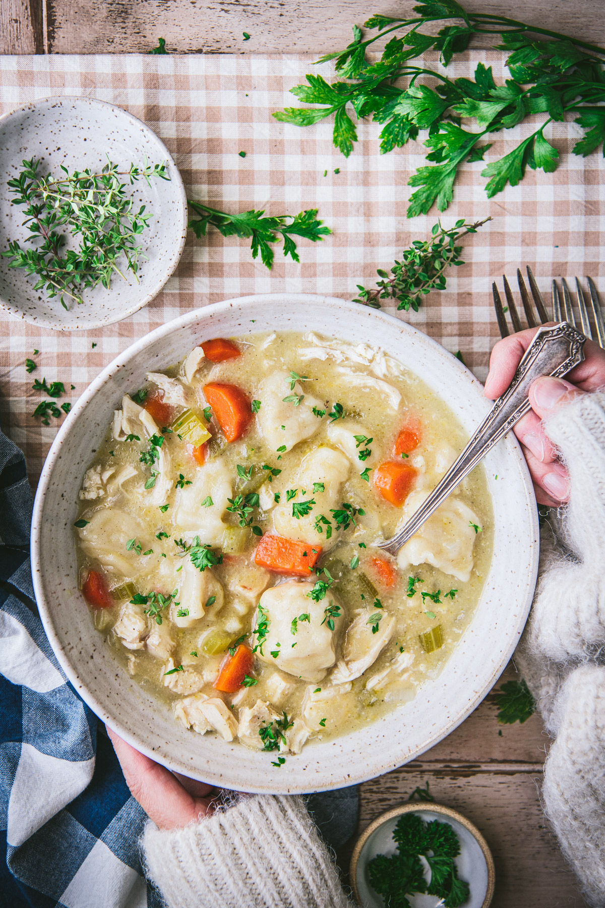 An over head image of a large bowl of crockpot chicken and dumplings. A woman's arms are pictured holding the bowl and a silver spoon.