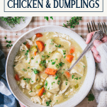 Hands eating a bowl of crock pot chicken and dumplings with text title box at top