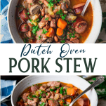 Long collage image of dutch oven pork stew