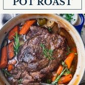 Dutch oven pot roast with text title box at top.
