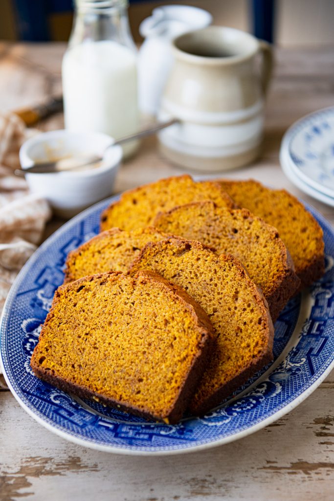 Front shot of a platter of the best pumpkin bread recipe
