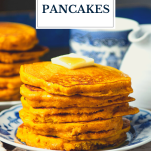 Stack of pumpkin pancakes with text title overlay