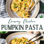 Long collage image of creamy pumpkin pasta with chicken