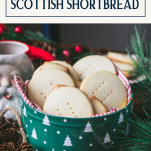Tin of shortbread cookies with text title box at top