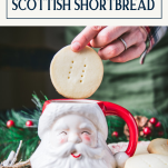 Dipping scottish shortbread cookies in cocoa with text title box at top