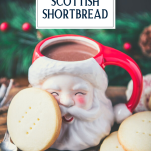 Mug of cocoa with scottish shortbread cookies and text title overlay