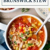 Crock Pot Brunswick stew recipe with text title box at top.