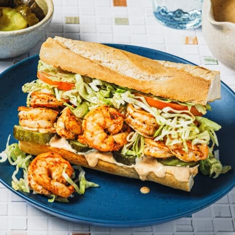 Square side shot of a baked shrimp po boy recipe.