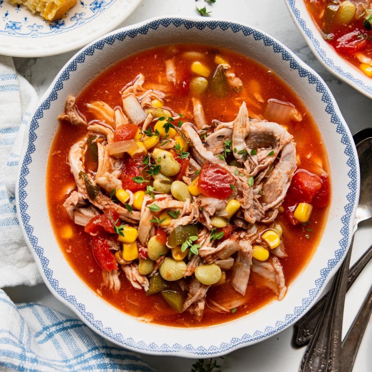 Square overhead shot of a bowl of Crockpot Brunswick stew.