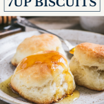 Close up plate of 7up biscuits with text title box at top