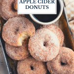 Overhead shot of a tray of baked apple cider donuts with text title overlay