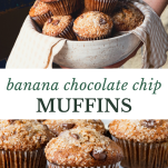 Long collage image of banana chocolate chip muffins