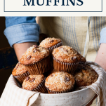 Bowl of banana chocolate chip muffins with text title box at top