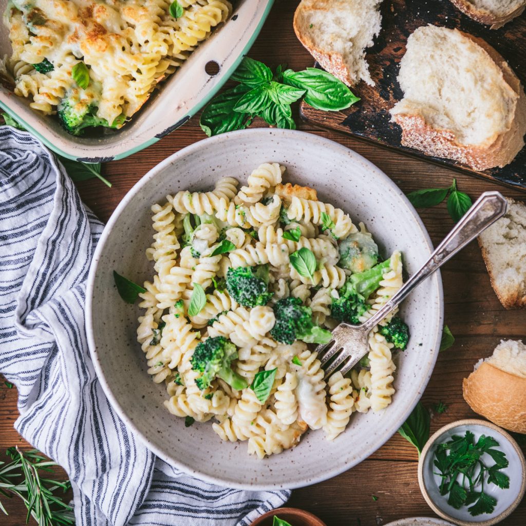 Broccoli and cheese alfredo pasta bake in a bowl