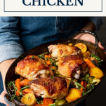 Pan of buttermilk marinated chicken with text title box at top
