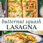 Long collage image of butternut squash lasagna