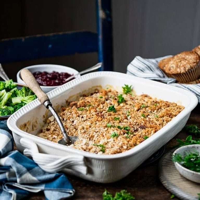 Square image of chicken and stuffing casserole