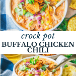 Long collage image of crock pot buffalo chicken chili