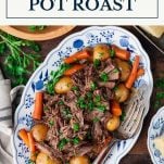 Tray of crock pot pot roast with text title box at top