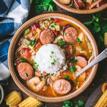 Square overhead image of a bowl of crockpot gumbo