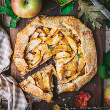 Square overhead shot of a sliced apple galette