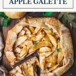Overhead shot of an apple galette with a text title box at top