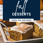 Pumpkin bars with fall desserts text overlay