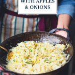 Hands holding a pan of fried cabbage with text title overlay