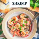 Bowl of garlic shrimp with text title overlay