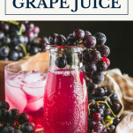 Bottle of homemade grape juice with text title box at top