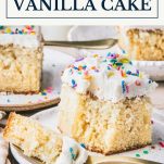 Slice of vanilla buttermilk cake with text title box at top