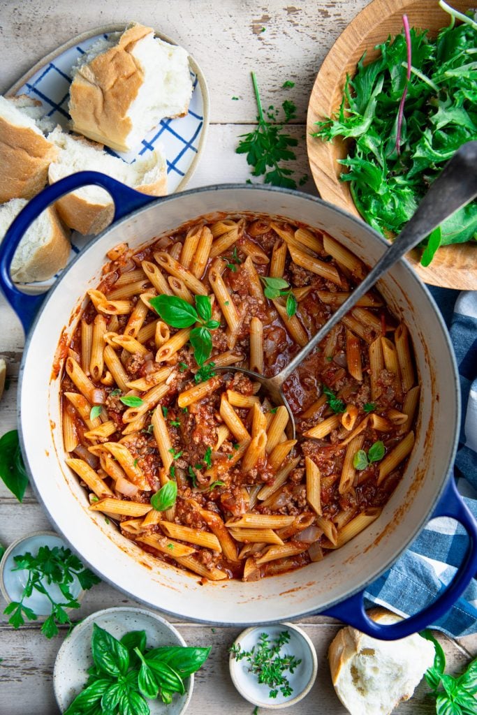 Overhead shot of one pot pasta with ground beef