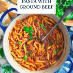 One pot pasta with ground beef and text title overlay