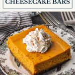 Pumpkin cheesecake bars with text title box at top