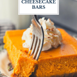 Fork taking a bite of pumpkin cheesecake bars with text title overlay