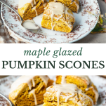 Long collage image of pumpkin scones with maple glaze