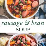 Long collage image of sausage and bean soup