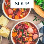 Bowls of sausage and bean soup with text title overlay