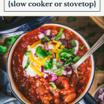 Overhead shot of taco chili with text title box at top
