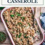 Pan of Thanksgiving casserole with text title box at top