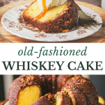 Long collage image of whiskey cake recipe