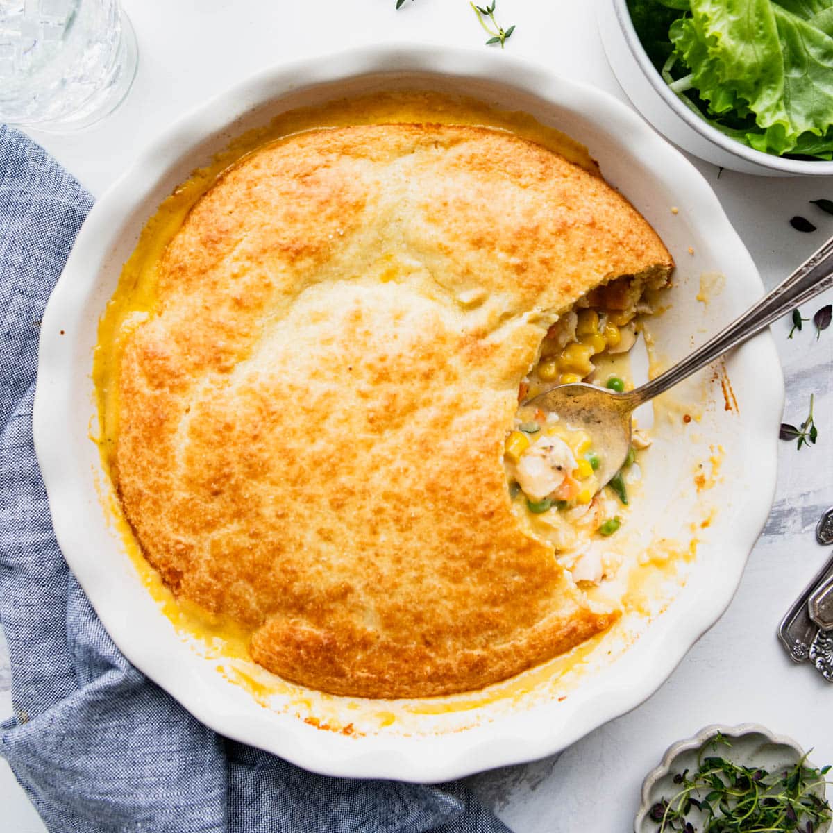 Square overhead shot of a Bisquick chicken pot pie.