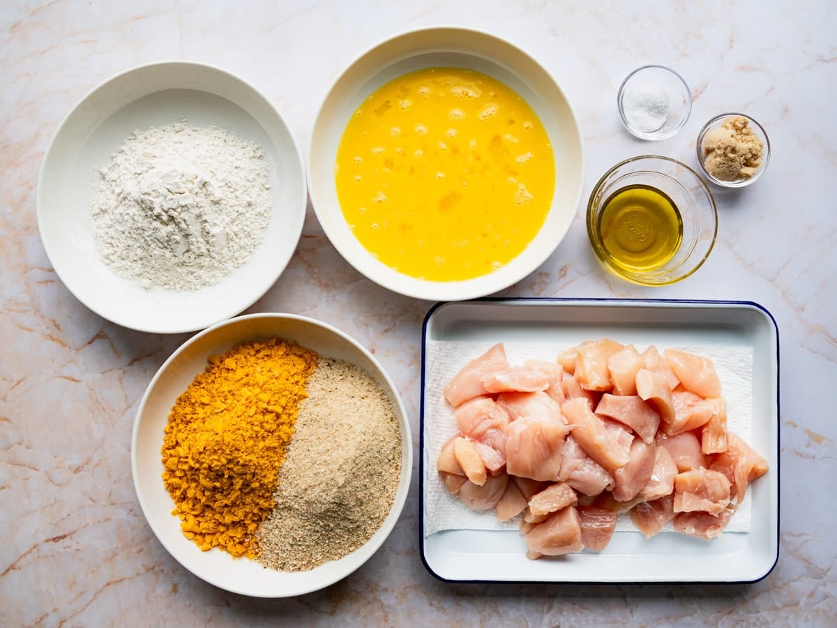 Ingredients for a baked chicken nugget recipe.