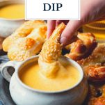 Front shot of beer cheese dip with pretzels and text title overlay