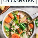 Bowl of chicken stew with text title box at top