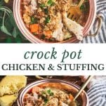 Long collage image of crockpot chicken and stuffing