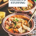 Chicken and stuffing crockpot recipe in bowls with text title overlay